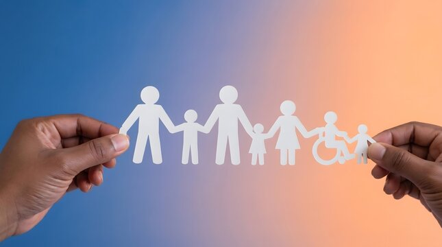 Family paper cutout, held by hands for health insurance, social welfare and diversity. Inclusion, community and support with life insurance, disability protection and healthcare for all people.