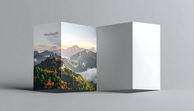 Blank folded brochure mockup with mountain landscape print, stationery branding display, corporate identity presentation