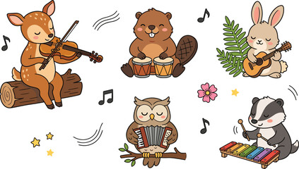 Naklejka premium Cute Forest Animals Playing Musical Instruments Woodland Musicians Vector Illustration Set Isolated on White Background
