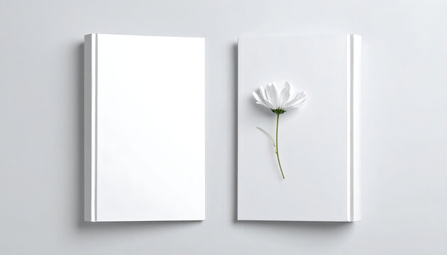 Blank hardcover books mockup with delicate white flower, stationery branding template, clean presentation for authors and publishers