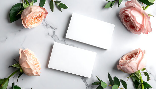 Blank paper cards mockup on marble background with pink roses, wedding invitation stationery layout