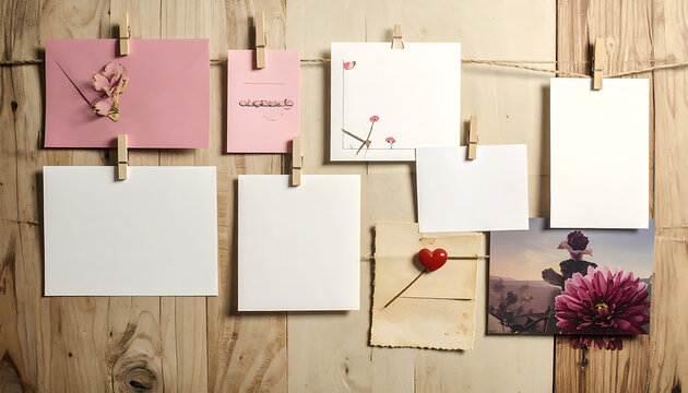 Blank paper cards with clothespins hanging on twine against rustic wooden wall, mockups for messages and romantic notes