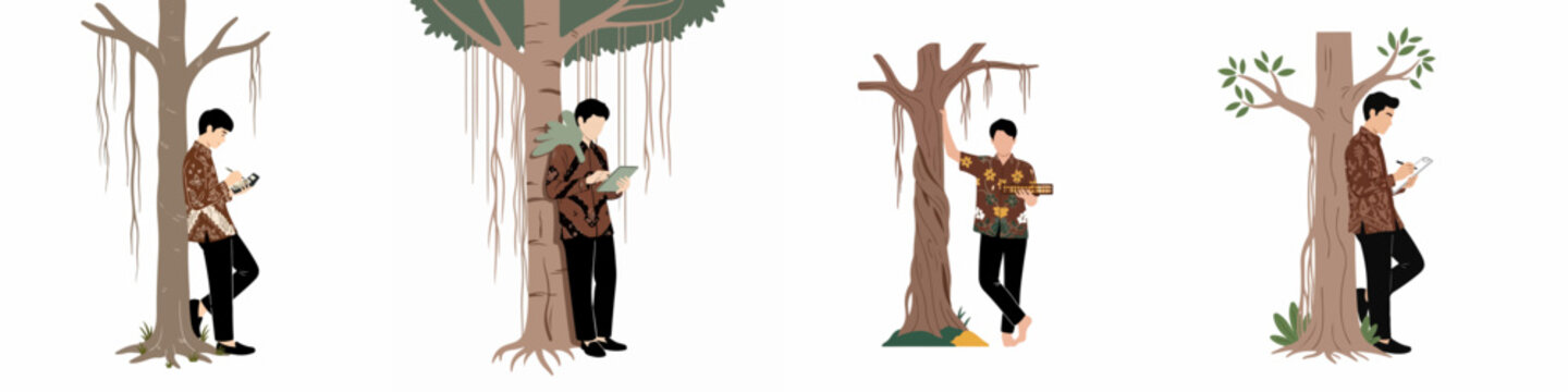 Set of flat illustrations featuring a young man in batik shirts working near banyan trees with a tablet, clipboard, and abacus.