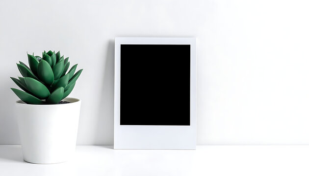 Blank instant photo frame standing next to a small green succulent plant for your mockup presentation