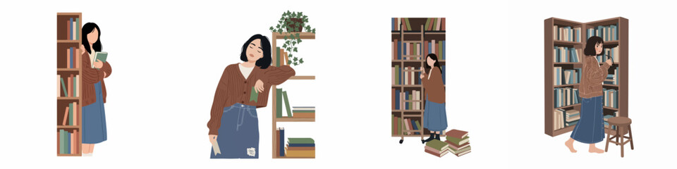 Creative flat illustration of the word READ featuring young women and bookshelves in a library or home office setting. © Tono