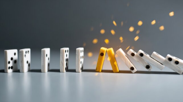 A line of dominoes set up in a row, with the last few beginning to fall, creating a chain reaction effect. One of the dominoes is yellow and leans against another yellow domino.