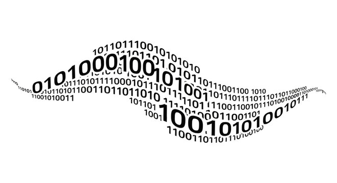 Binary code stream in a flowing wave pattern