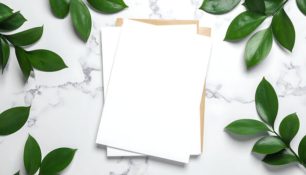 Blank paper stack mockup with fresh green leaves on marble background, stationery presentation, professional branding template