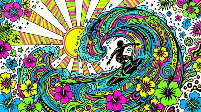Vibrant surfing illustration, colorful floral pattern, psychedelic wave design, summer fun concept