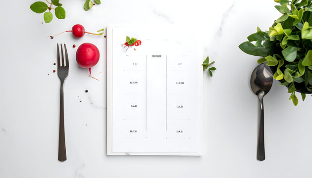 Blank menu template with fresh radishes and cutlery on marble table for restaurant food presentation