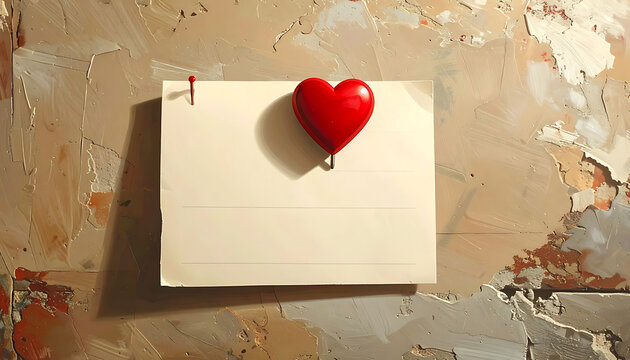 Blank note card with red heart pin on rustic wall texture, romantic message space, valentines day background