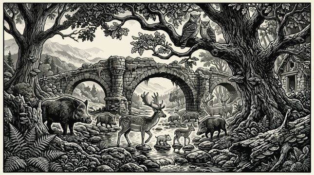 Vintage woodcut forest landscape with wild animals, antique engraving of stone bridge and deer, monochrome etching of woodland wildlife and owls