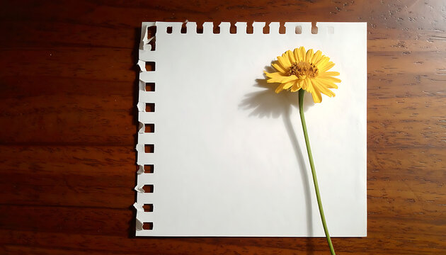 Blank notebook page with yellow zinnia flower on a rustic dark wooden table surface