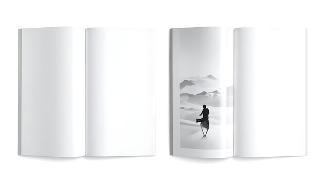 Blank open book mockup with artistic monochromatic landscape illustration on pages