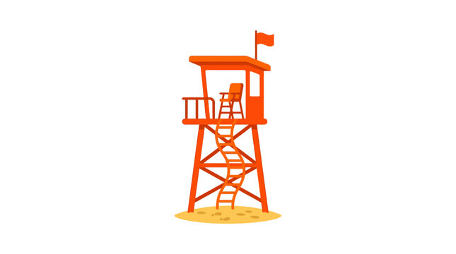 Orange Lifeguard Tower on Sandy Beach with Flag