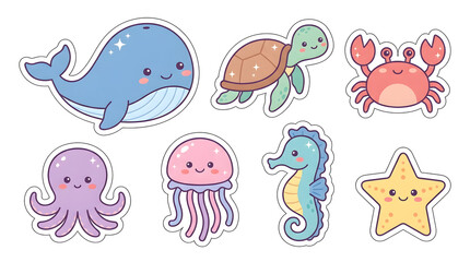 Obraz premium Cute Sea Creatures Collection: A charming collection of kawaii-style sea creatures, including a whale, turtle, crab, octopus, jellyfish, seahorse, and starfish.