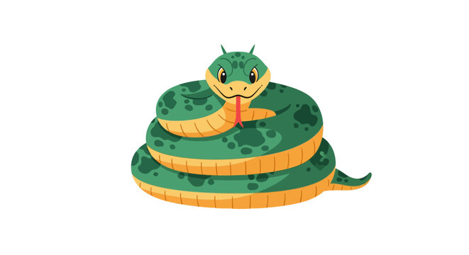 Green cartoon snake illustration coiled in layers, featuring a friendly smiling face, large eyes, and red flicking tongue. Isolated vector reptile with dark spots and yellow belly.