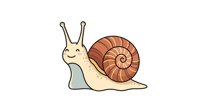 Cute cartoon snail illustration featuring a large brown spiral shell and a smiling face. Isolated on a white background with flat vector colors and simple black outlines.