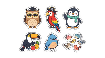 Obraz premium Charming Avian Collection: A delightful assortment of six whimsical bird illustrations, featuring an owl in graduation cap, a parrot in pirate attire, a penguin in scarf, a toucan with fruit.