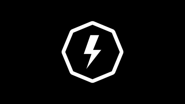 White lightning bolt symbol inside heptagonal frame isolated on black background.