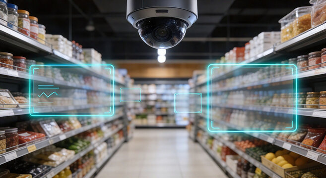 Smart retail computer vision and security camera in a modern supermarket empty aisle with blank augmented reality digital interfaces for store analytics and automated inventory tracking.
