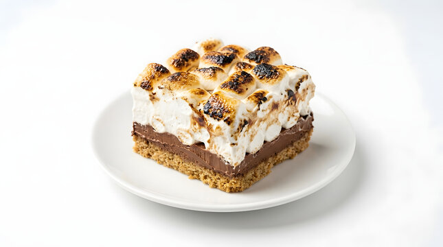 Single slice of a no bake s'mores cake with layers of crackers and chocolate cream on white plate on white background. American cuisine and snack ideas