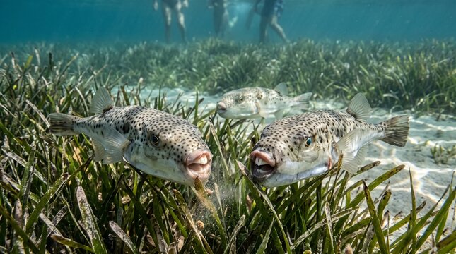 lagocephalus sceleratus Feeding in Mediterranean Seagrass Near Coastal Bathing Area