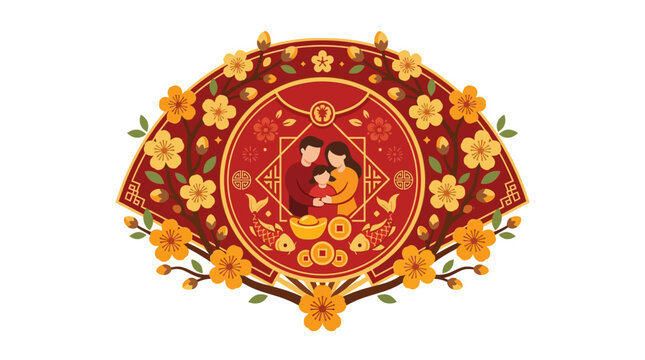 Minimalist Flat Design Single Icon of Vietnamese Lunar New Year Tet Celebration Featuring Traditional Apricot Blossom Branches Encircling a Decorative Fan with Cultural Symbolism for Festive
