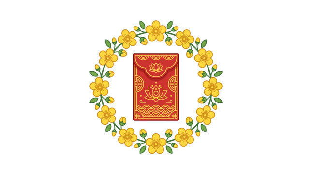 Minimalist Flat Design Vietnamese Lunar New Year Tet Celebration Icon Featuring Traditional Apricot Blossom Wreath Encircled Symbol in Soft Gold and Warm Red Hues on Pristine White Canvas Pe