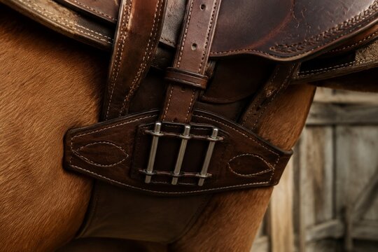 A finely crafted leather saddle girth fastened to a saddle, detailed texture, rustic setting.