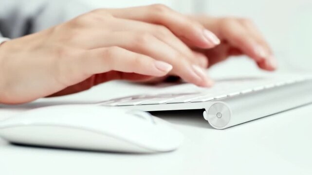 Close up of hand using computer mouse with keyboard, typing and clicking, office work concept, minimal clean workspace, technology and business interaction.