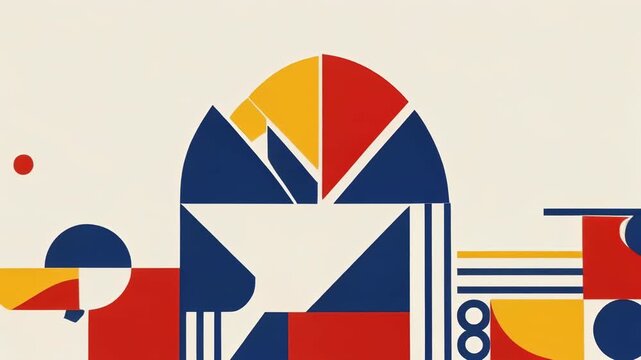 Trendy Bauhaus geometric 2D animation of moving colorful shapes on a beige background. Retro abstract motion design banner inspired by mid-century modern style, perfect for creative ads.