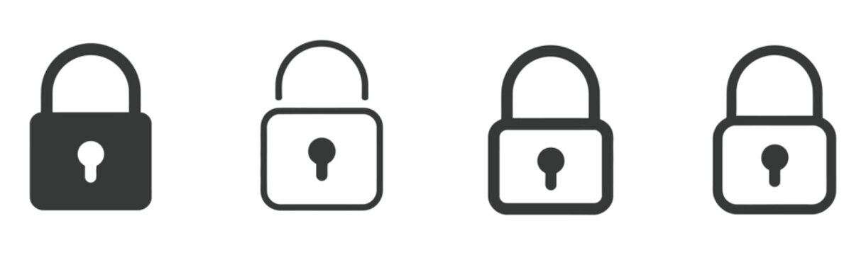 Lock Icon Set, locked and unlocked padlock symbols with open and closed security icons, vector design for privacy, protection, and digital safety.