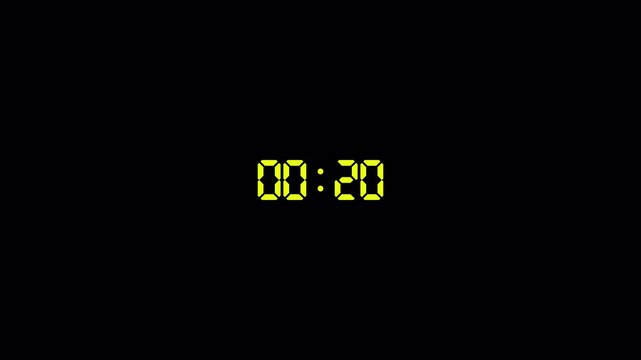 2 minutes countdown 4k animation from 120 seconds to 0 seconds with alpha channel, two minute countdown timer on transparent background, 2 minute digital timer  video in  hours, minutes, seconds