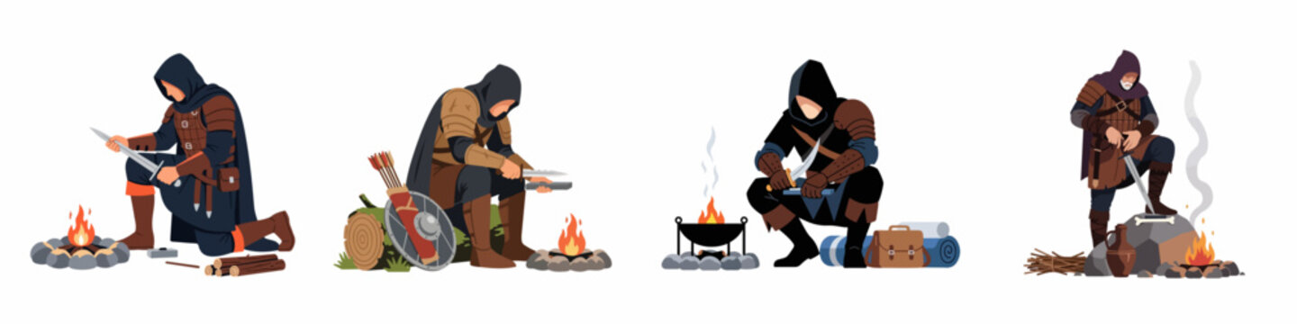 Flat vector illustration of medieval hooded warriors and rogues resting by campfires, sharpening their weapons and preparing for their next quest or adventure.