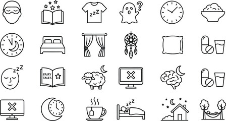 Fototapeta premium Comprehensive Sleep and Insomnia Line Icon Set Featuring Nighttime Relaxation Healthy Habits Dream Problems Bedtime Routines and Sleep Aid Symbols for Wellness Apps