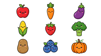 Fototapeta premium Set of cute kawaii fruits and vegetables icons.