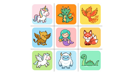 Obraz premium Set of cute kawaii mythical creature illustrations for children.
