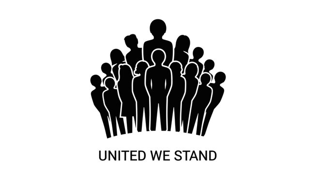 Black silhouette icon of a diverse crowd of people standing together as a united group.