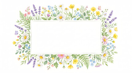 Fototapeta premium Watercolor Wildflower Frame with Daisies, Lavender, Buttercups and Botanical Garden Flowers