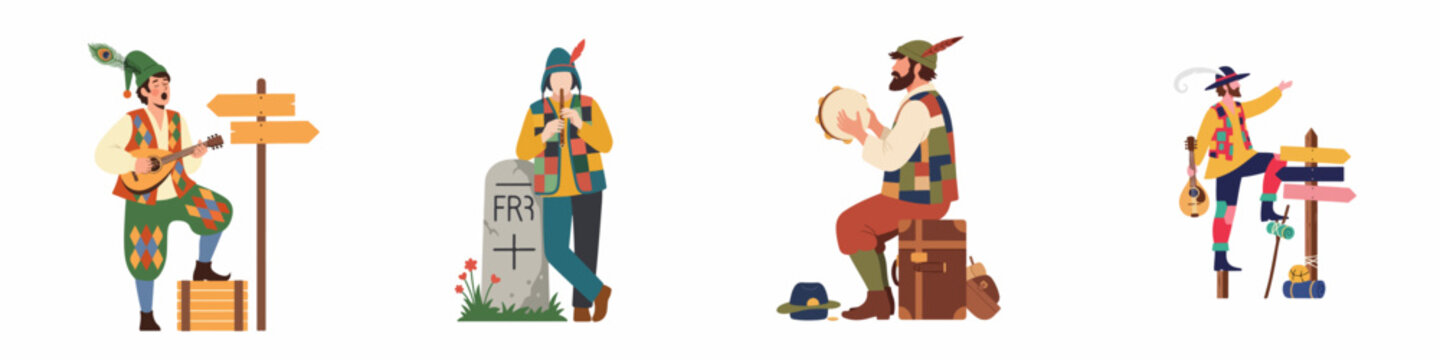 Set of medieval traveling minstrels and musicians in colorful costumes playing lute, flute, and tambourine, isolated on a white background.