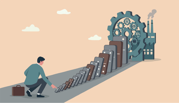 Small in habits to change or increase to productivity,Big industrial efficiency or improvement, easy way to win business success or make a big impact concept, businessman pushing tiny domino to make