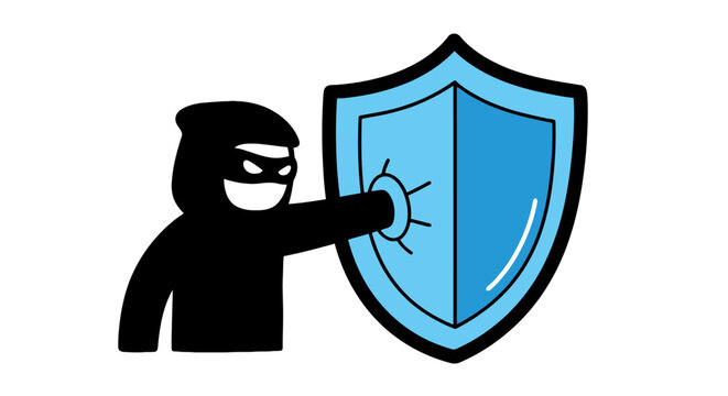 Digital security shield protecting against hooded hacker attack