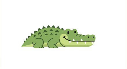 Fototapeta premium Flat vector illustration of a green smiling crocodile with sharp white teeth and jagged scales along its back, side view profile of a friendly alligator isolated on white background.