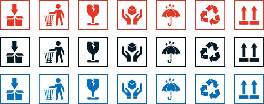 Shipping hazard symbols and logistic icons for package handling with caution graphic shapes and elements, perfect for minimalist e-commerce delivery options and commercial packaging specifications.