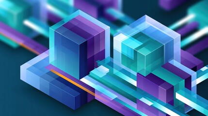 Fototapeta premium Streamlined workflow lines passing through translucent cubes on navy aqua gradient background