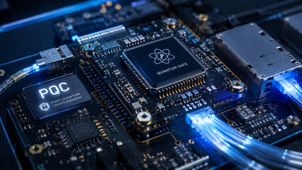 Fototapeta premium Modern electronic circuit board showing quantum-safe technology at a technology lab during bright daylight