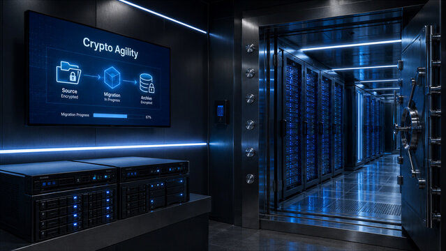 Data center showing servers with digital displays and lights at nighttime during a migration process