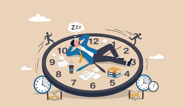 Wasted time, procrastination slow life, lazy work, low productivity efficiency, self discipline problem, tired motivation concept, lazy businessman sleeping on the time running clock