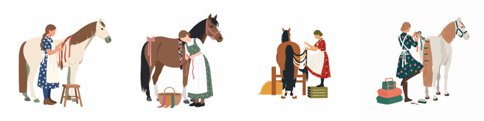 Illustrations of women in folk attire grooming and braiding horses' manes and tails, featuring flat design and pastoral aesthetic. © Nadya